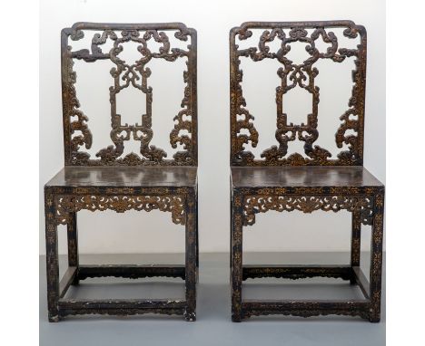 Nearly identical pair of Qing imperial Chinese lacquered Chippendale style chairs. Lot 231 in Yamanaka & Company auction of i