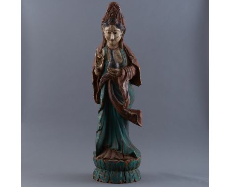 19th c. Chinese Buddhist wooden Guanyin statue. Large scale and with excellent polychrome decoration. Excellent large scale c