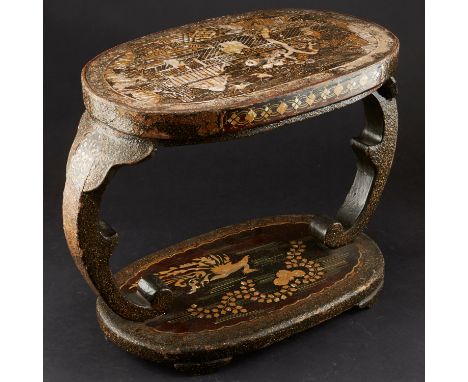 Japanese lacquered stool, inlaid with mother-of-pearl.  Dimensions: Height: 13 in x length: 18 1/2 in x width: 9 1/4 in.Condi