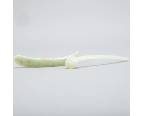 Group of two 19th century Chinese pierced jade hair pins. Dimensions: Largest; height: 5 in. Pierced Weight: 21g, Ruyi: Weigh