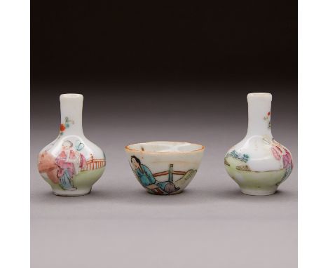 Group of three Late Qing Chinese miniature porcelain pieces, comprised of one bowl and two vases. All depict figures. The two