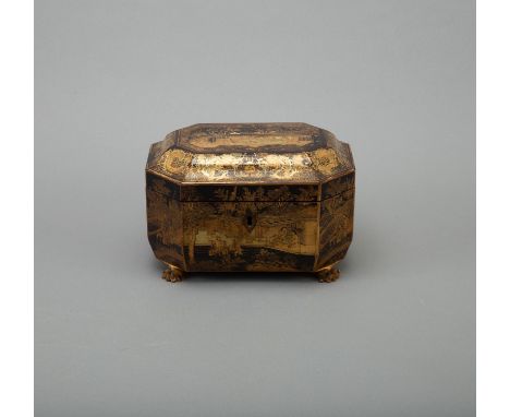 A very rare and extremely finely executed Chinese lacquer tea caddy with gilt decoration. Each side of the tea caddy depicts 