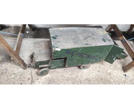 Vintage child's wooden pull along toy vehicle, removal van with trailer