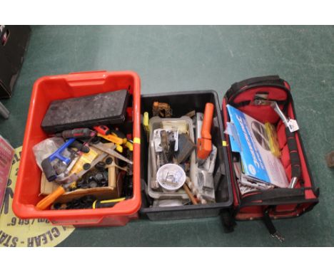 Bag and two tubs of hand tools, centre punch, jigsaw blades, boxes of screws, stapler, screwdrivers, socket set, hammer, saws