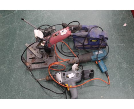 Angle grinder, mounted on a stand, hot air gun, belt sander and variable speed drill 