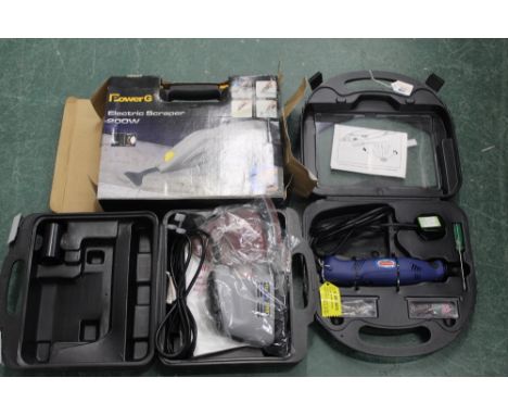 Boxed compact multi tool, a boxed Power G 2000 watt electric scraper and a boxed detail sander 