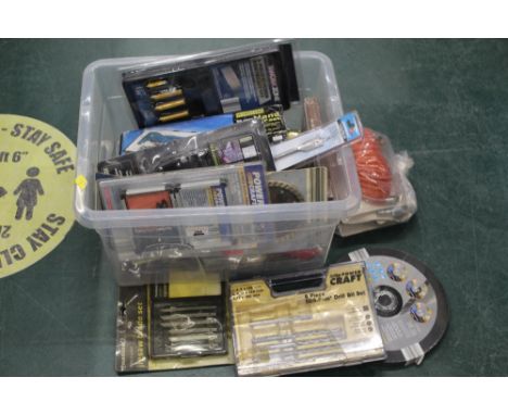 A tub of hand tools, mostly sealed boxed, angle grinder discs, drill bits, jigsaw blades, riveter set, air couplings, router 