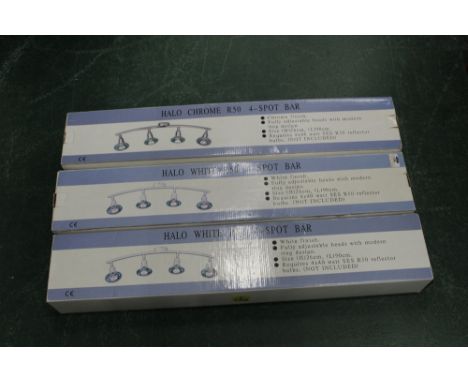 Three halo white R54 spot light bars, boxed, un-used, two white finish, one chrome finish 