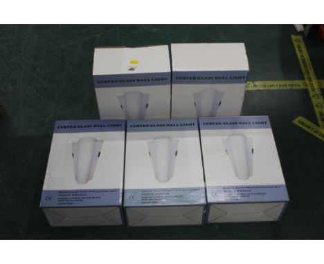 Five curved glass wall light fittings, boxed, un-used 