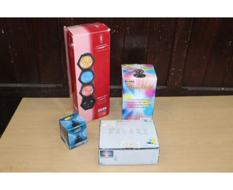 A traffic light console, LED party light, disco light and a fibre optic light, boxed, un-used 