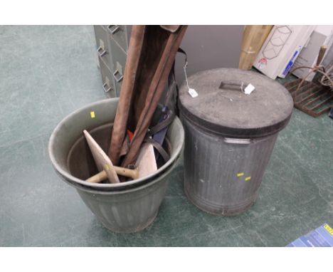 Two planters, plastering tools, surveyors level, dust bin etc 