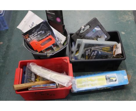 A bucket and two tubs of hand tools, drill bits, stapler, etc. 