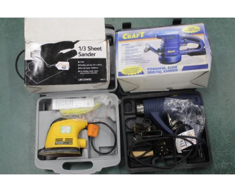 Sheet sander, orbital sander, a detail sander and hot air gun, all boxed and cased (orbital sander &amp; hot air gun un-used)