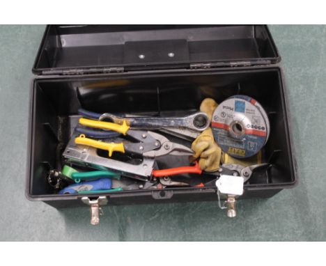 Tool box of tools, tin snips, stapler, grinding discs, etc 