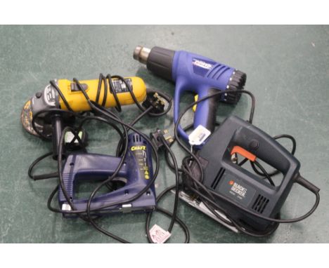 Black and Decker jigsaw, power craft stapler, hot air gun and angle grinder