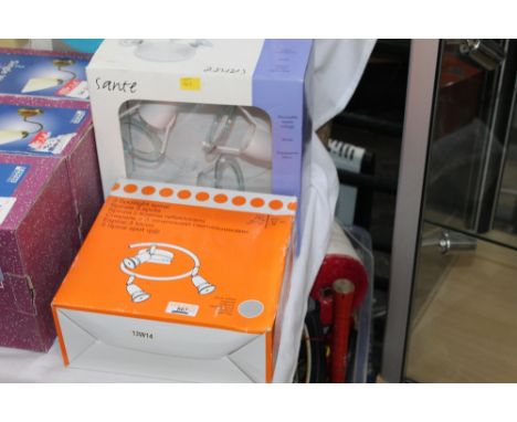 Boxed three plate spot light and a boxed three spot light spiral ceiling light fitting, un-used 