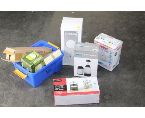 Mirror, unibond air purifier, 3 piece canister set, radio alarm clock, 5 piece knife set, boxed, un-used 