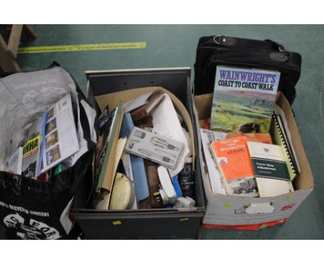 Two boxes of stationary, books, timer switches etc &amp; a bag of laptop cases 