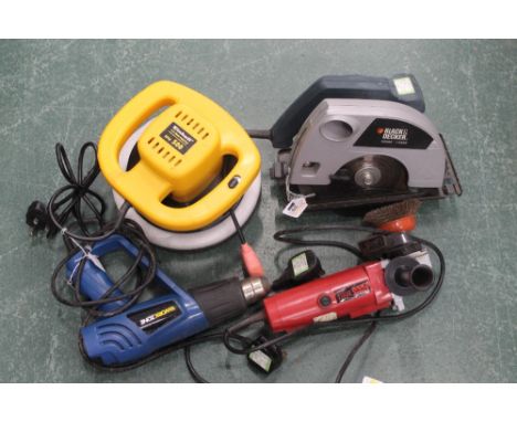 Black and Decker saw, car polisher, hot air gun and angle grinder 
