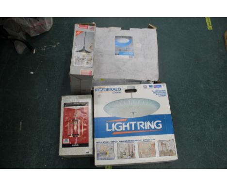Four mixed light fittings, boxed, un-used, large circular ceiling light fitting, a Westminster domed lantern light fitting, c