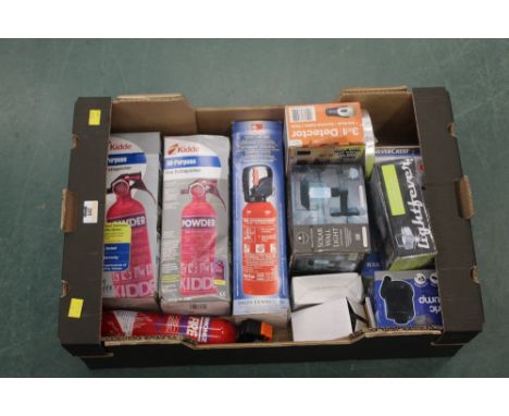 Box of solar wall light, electric pump, fire extinguishers, three in one detector, wireless door bell etc, all boxed, un-used