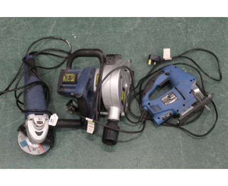A power craft 1700 watt wall chaser with laser, a power craft 1050 watt angle grinder and a work zone jigsaw 800 watt 