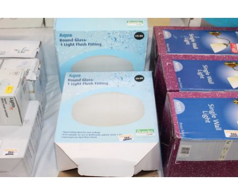 Two round glass flush light fittings, boxed, un-used