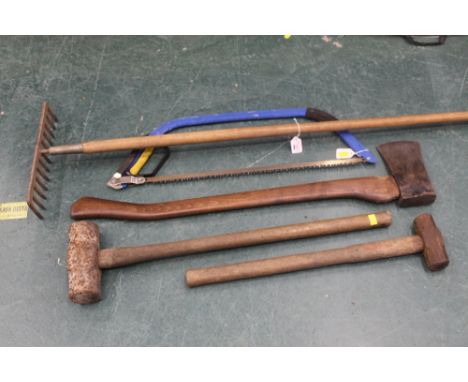 Lump hammer, sledge hammer, saw, axe and rake 