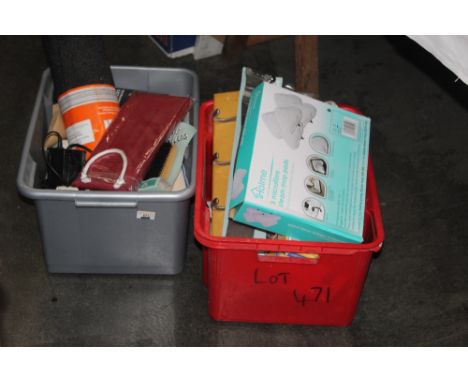 Two boxes of coat racks, glassware, kitchen scales, steam mop pads, brushes etc  