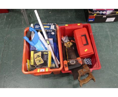 Two boxes of hand tools, many un-used, files, saws, screw drivers, bit sets, angle grinder stand, jigsaw blades, brass padloc