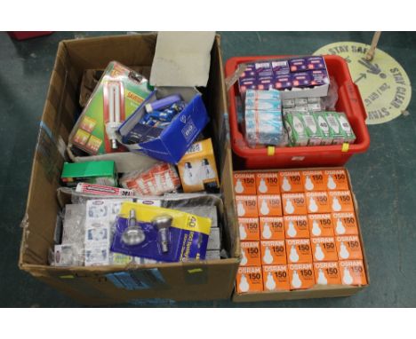 Two boxes of light bulbs, GU10 halogen spot light bulbs, 150 watt pearl extra light bulbs, candle bulbs etc, approx 150 bulbs