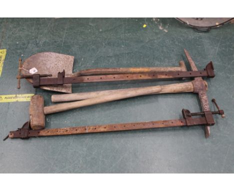 Spade, sledge hammer, pick axe and two sash clamps 