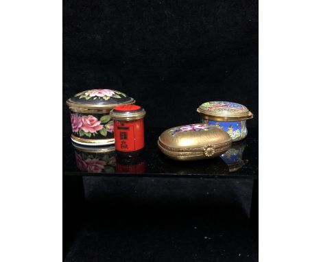A Halcyon Days enamel pill box, formed as an ER red post box with 'from me to you' to screw off cover; a Halcyon Days Christm