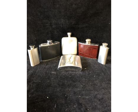 An Asprey &amp; Garrard hip flask, 4oz size, black leather outer shell over a stainless steel body; a Dunhill pewter hipflask