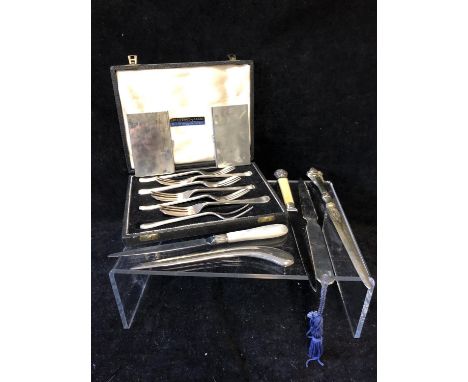 A modern silver business card case; one other chromium; various letter knives; and a cased set of EPNS cake forks; and a brea