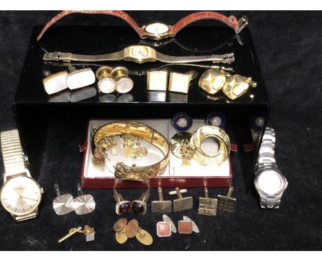 A metal core gold plated bangle, various fashion wristwatches; various vintage cufflinks; and a small quantity of costume jew