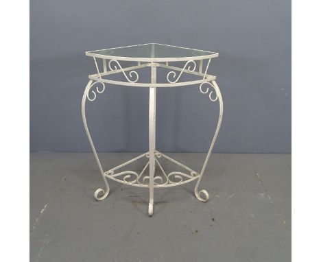 A painted wrought metal corner console table with inset glass top. 63x79x46cm. 