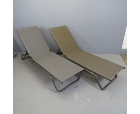 ATELIER ALINEA - a pair of Contemporary Swiss garden reclining sun loungers. With maker's label. Good used condition. Some li