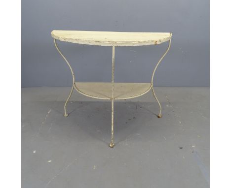 A French two-tier demi-lune console table, with painted wooden shelves on painted cast iron base. 89x76x40cm. 