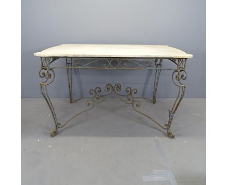 A French 1930s Art Deco hotel salon table, with marble top on painted wrought iron base. 138x84x90cmMarble top in good condit