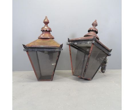 A pair of Victorian style copper lantern exterior wall light fittings. 43x82cm.Length including bracket 72cm. 