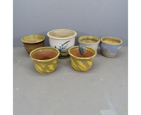 Six various glazed ceramic garden plant pots, one A/F. Largest 49x41cm. 