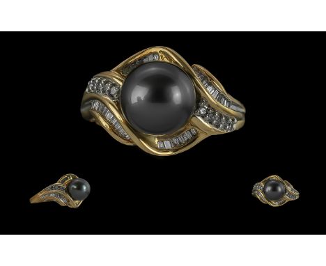 Ladies 18ct Gold Pleasing Black Pearl and Diamond Set Dress Ring, full hallmark to interior of shank, the cultured black pear