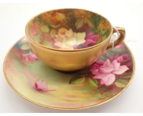Royal Worcester miniature porcelain Demitasse cup and saucer with date mark for 1918 both the cup and saucer are hand painted