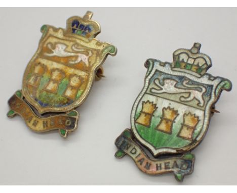 Pair of hallmarked silver and enamel crest badges marked Indian Head 