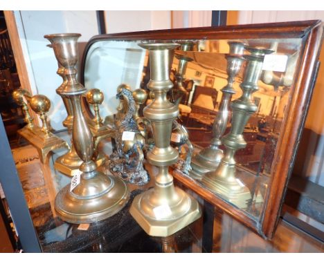 Shelf of mixed brass including candlesticks