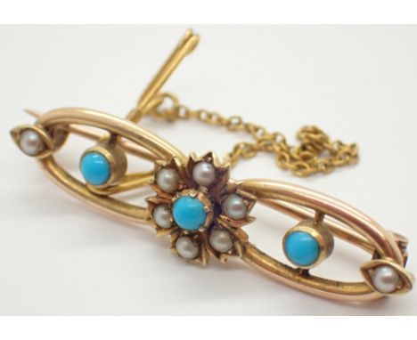 10ct yellow gold turquoise cabochon and seed pearl set brooch with safety chain 3.8g 