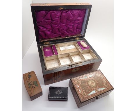 Edwardian ladies jewellery box with box and fruit woods inlay and other boxes including snuff etc 