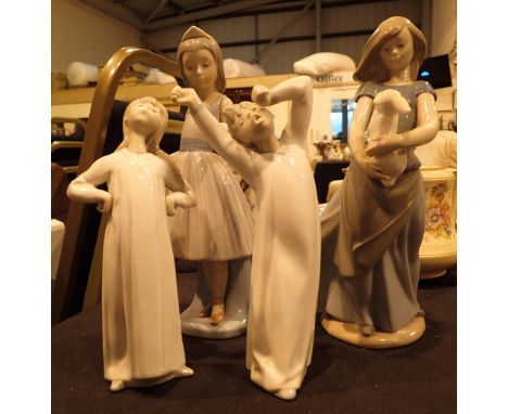 Three Lladro and one Nao figurines of various styles tallest H: 25 cm