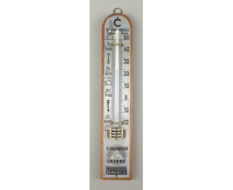 Thermometer "COLOMBO KAFFEE HAMBURG", wohl 1930Holz, Metall, Glas, L*B 20*3,8cm, fkt.tüchtig